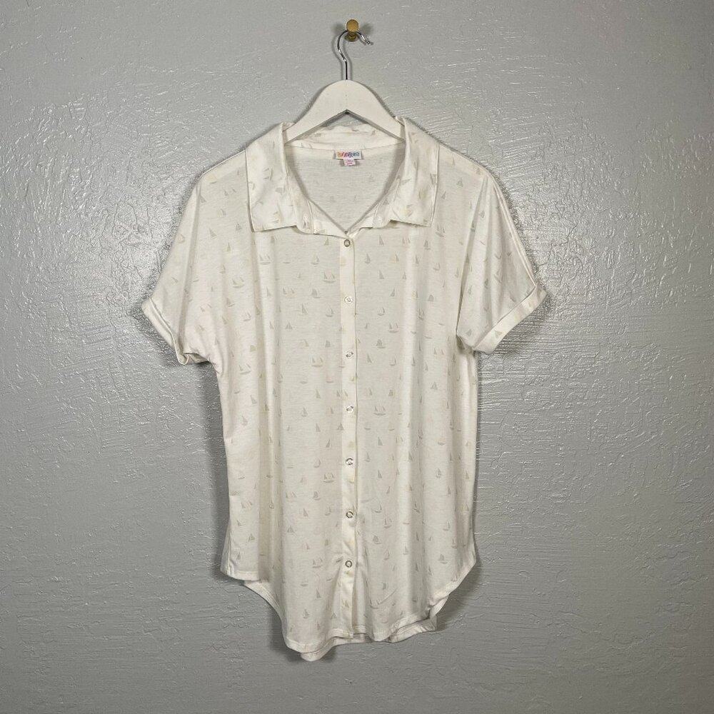 Lularoe Women M White Gray Sailboat Charlie Blouse Button Front Collar Dolman